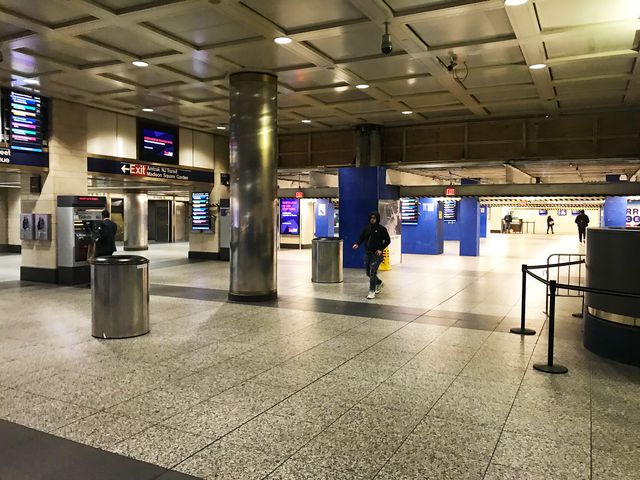 A very empty Penn Station, at the Long Island Rail Road waiting area, on March 21, 2020